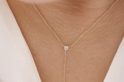 14K Solid Gold Pear Shape Bezels Diamond Lariat Necklace