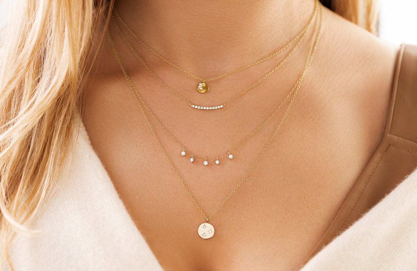 14K Solid Gold Round Diamond Moon and Sun Necklace