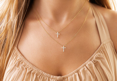 14K Solid Gold Shared Prong Sliding Diamond Cross Necklace