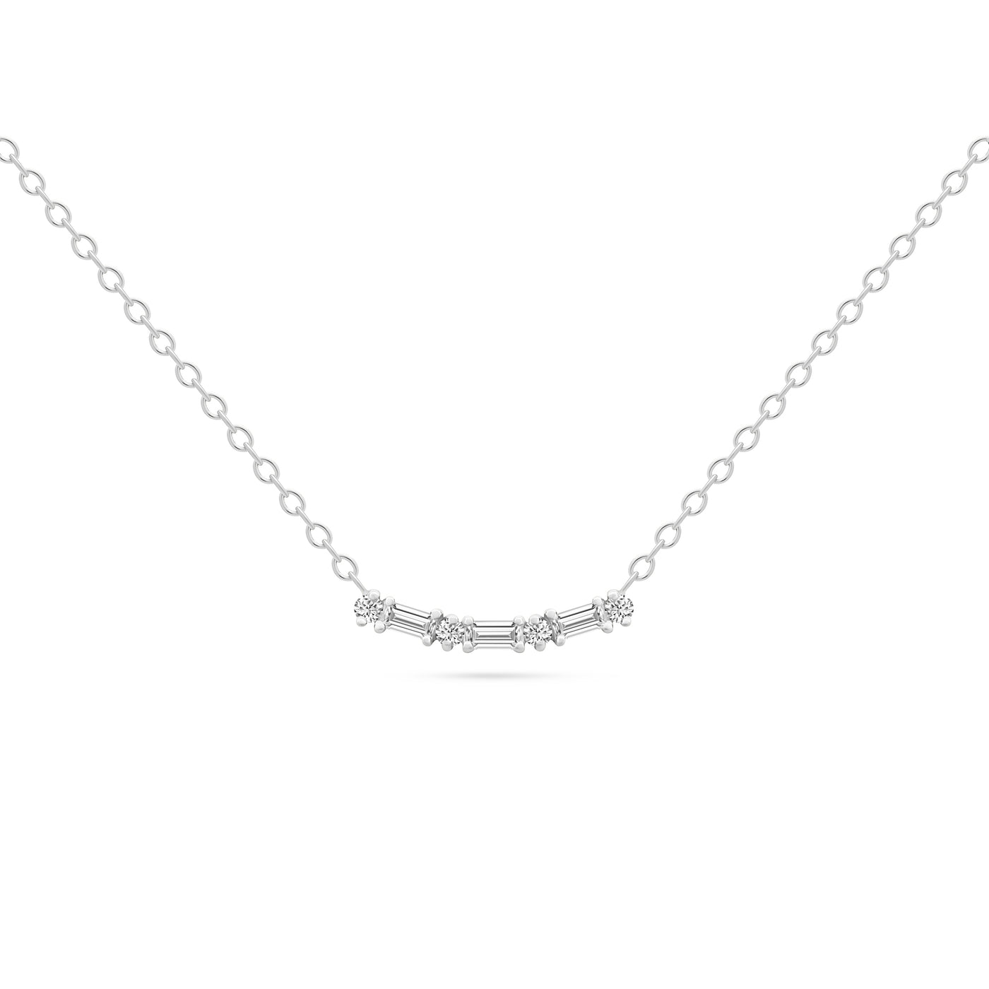 14K Solid Gold Baguette Round Seven Diamond Curved Bar Necklace