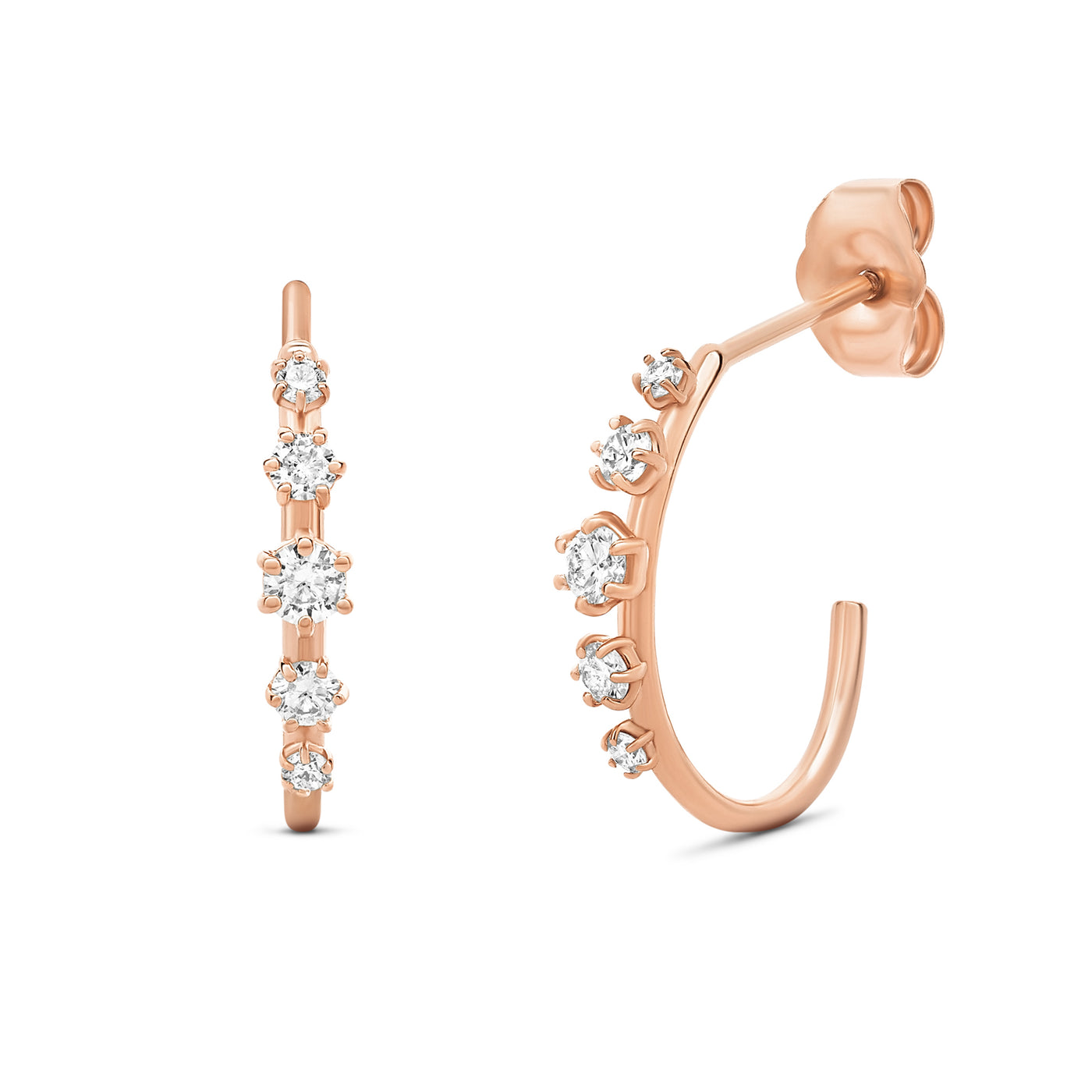14K Solid Gold Round Diamond Graduated Push Back Hoops