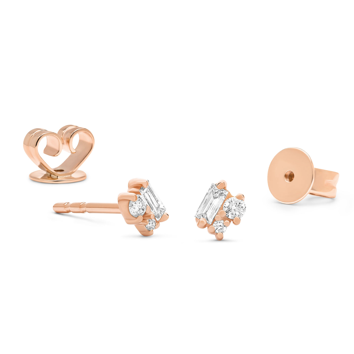 14K Solid Gold Baguette Round Diamond Cluster Studs