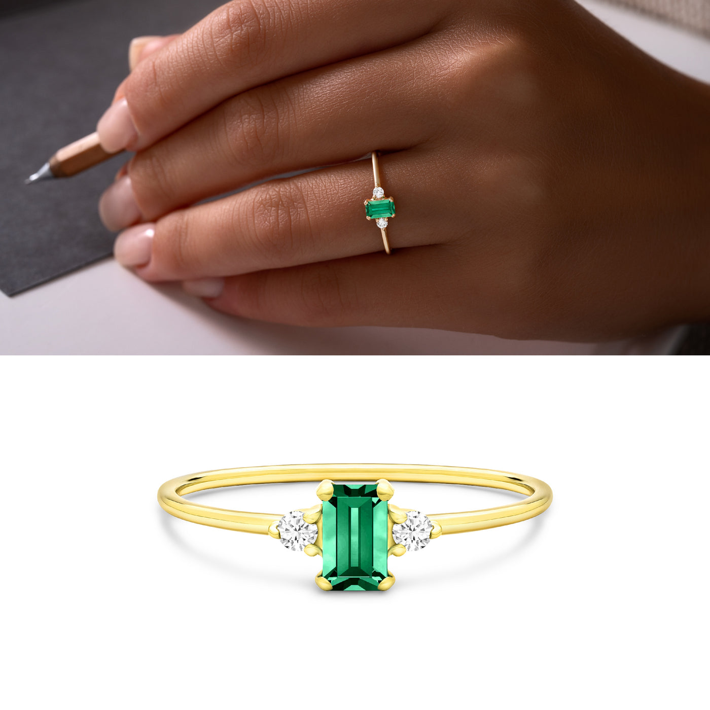 14K Solid Gold Emerald Diamond Vertical Three Stone Ring