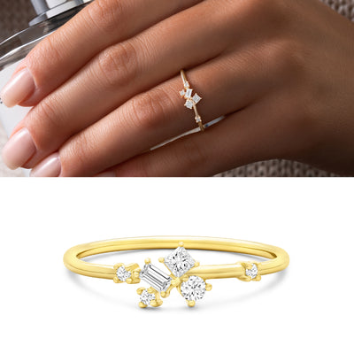 14K Solid Gold Round Brilliant Princess Baguette Multi shape Diamond Cluster Ring