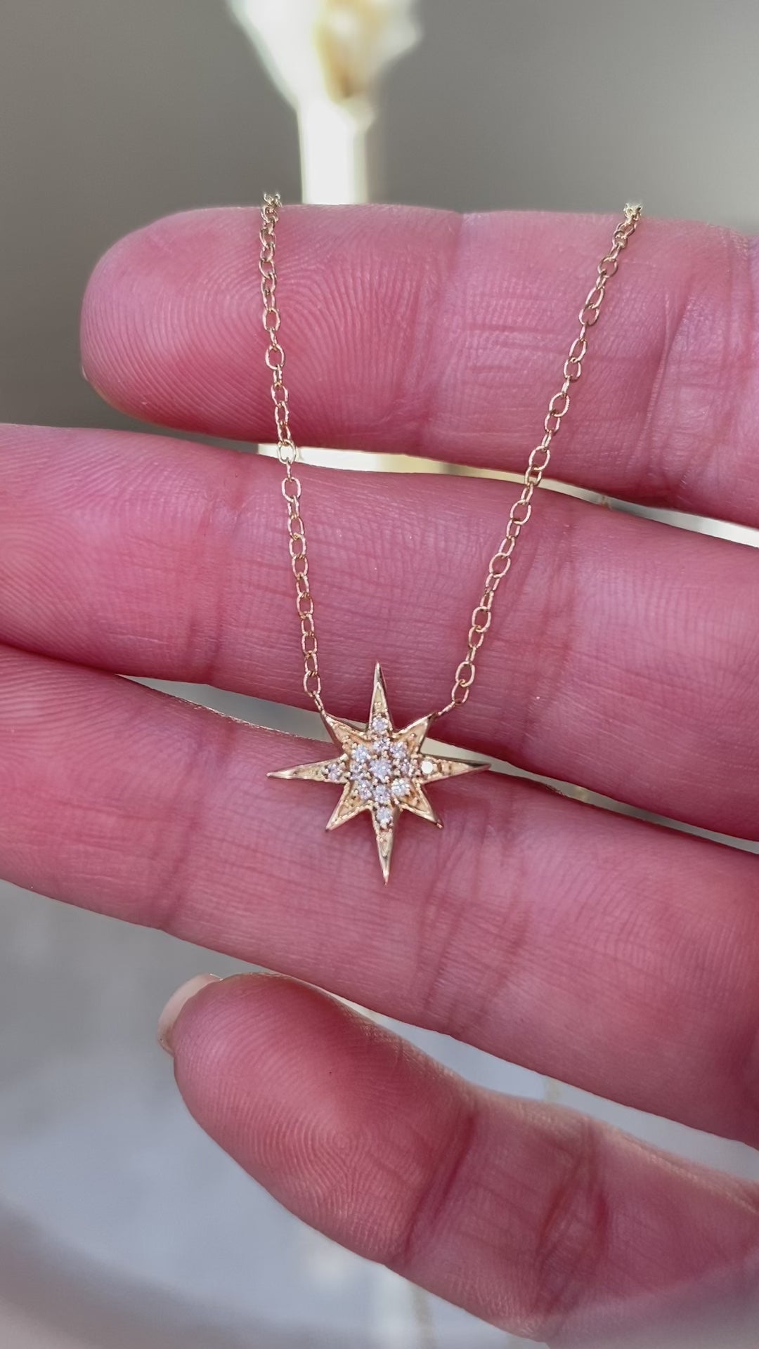 14K Solid Gold Round Diamond Starburst Polaris Necklace