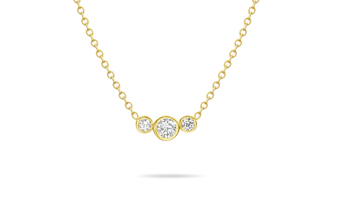 14K Solid Gold Past Present Future Three Diamond Bezel Necklace